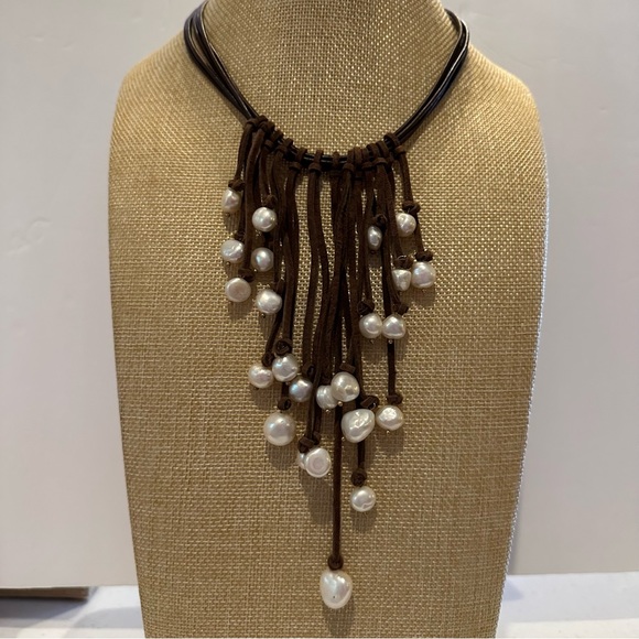 NWT Chico’s Boho Necklace “Brown Pearl Prairie Sunset” Leather w/ fringe tassel - Picture 5 of 13